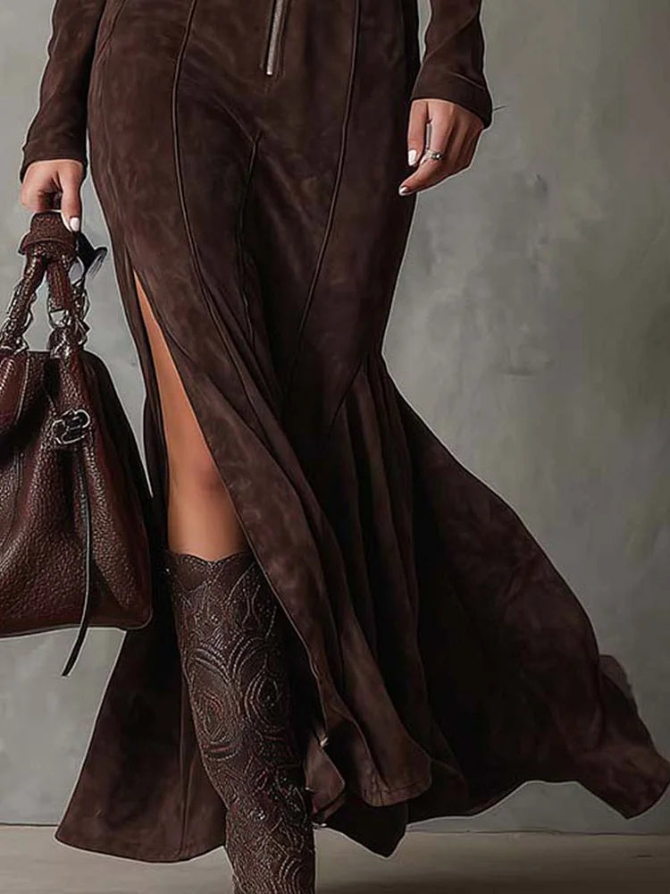 Elegant Vintage Brown Zipper Belted Maxi Dress with Included Belt