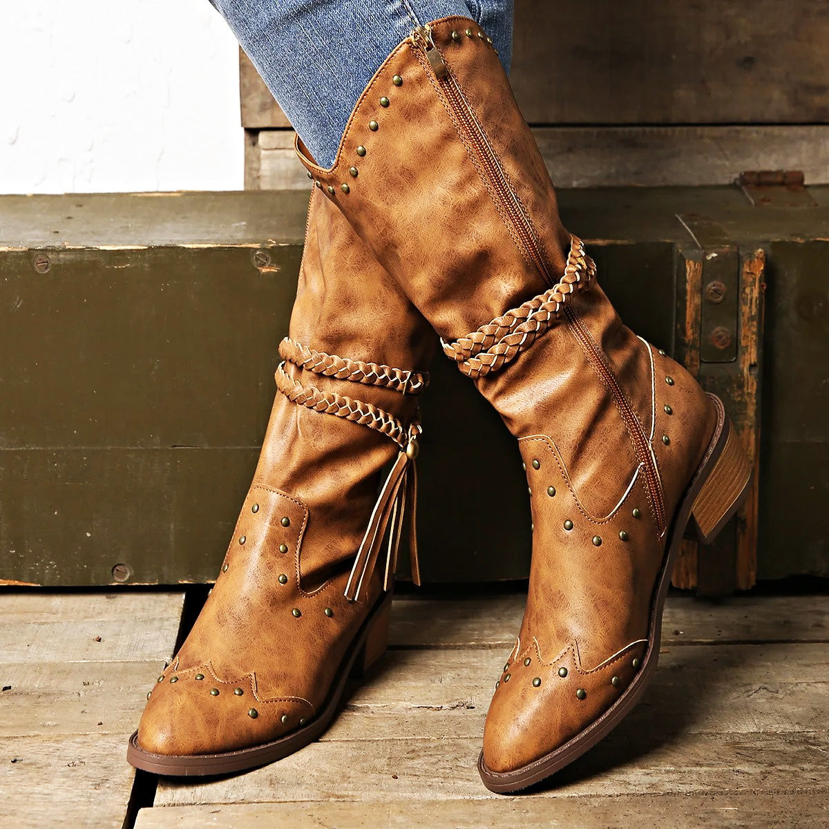 Women's Western Boots - Faux Leather, Studded Details, Braided Strap, Pointed Toe