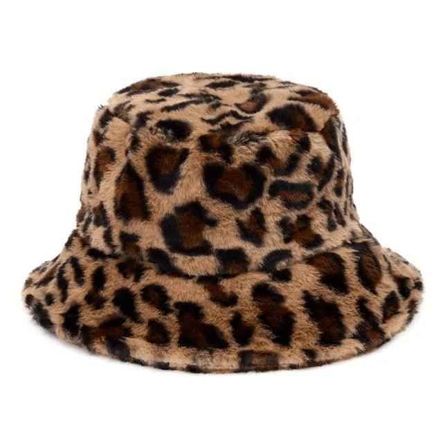 Jasmine – Elegant winter bucket hat made of faux fur in cow-leopard print