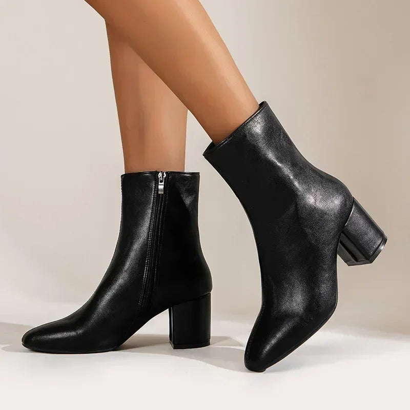 Chic Pointed-Toe Women's Ankle Boots with Side Zipper, Stretch-Fit & Mid Heel
