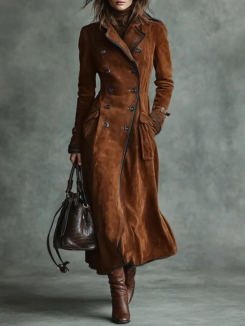 Elegant double-sided reversible long coat with suede and black accents
