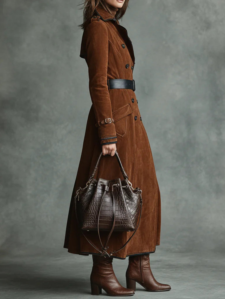 Elegant double-sided reversible long coat with suede and black accents