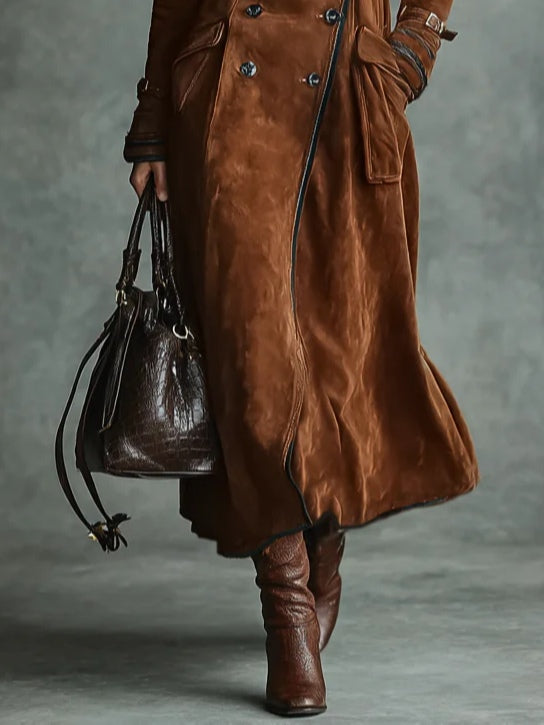 Elegant double-sided reversible long coat with suede and black accents