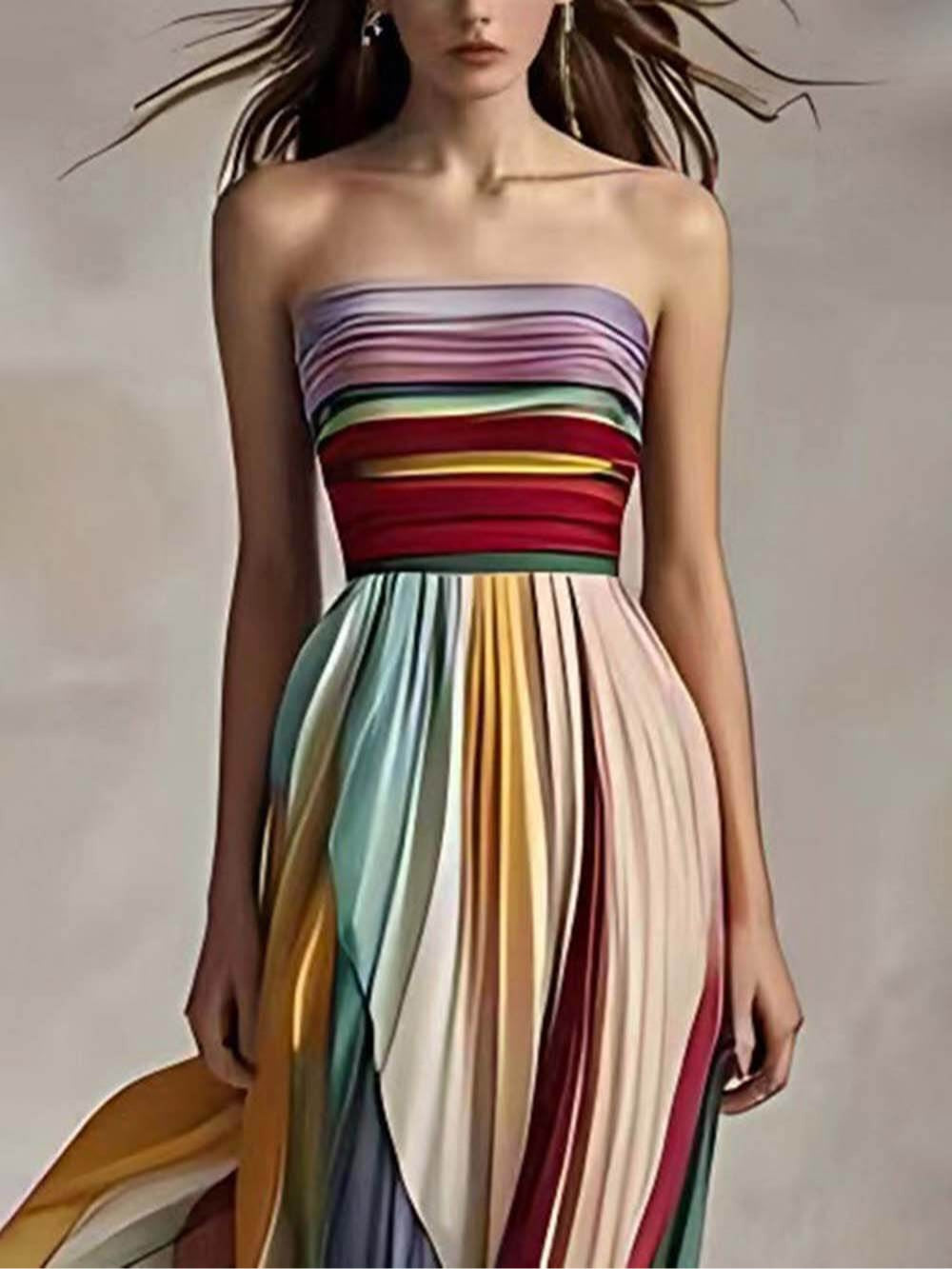 Elegant Maxi Striped Dress with Sheer Neckline and Pleats