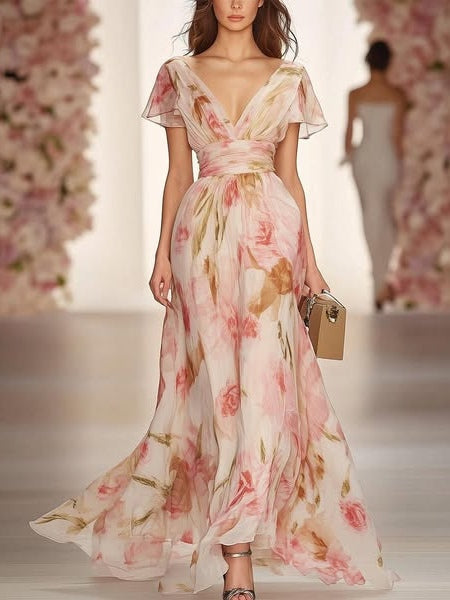 Casual Maxi Dress with Floral Print, V-Neck and Short Sleeves