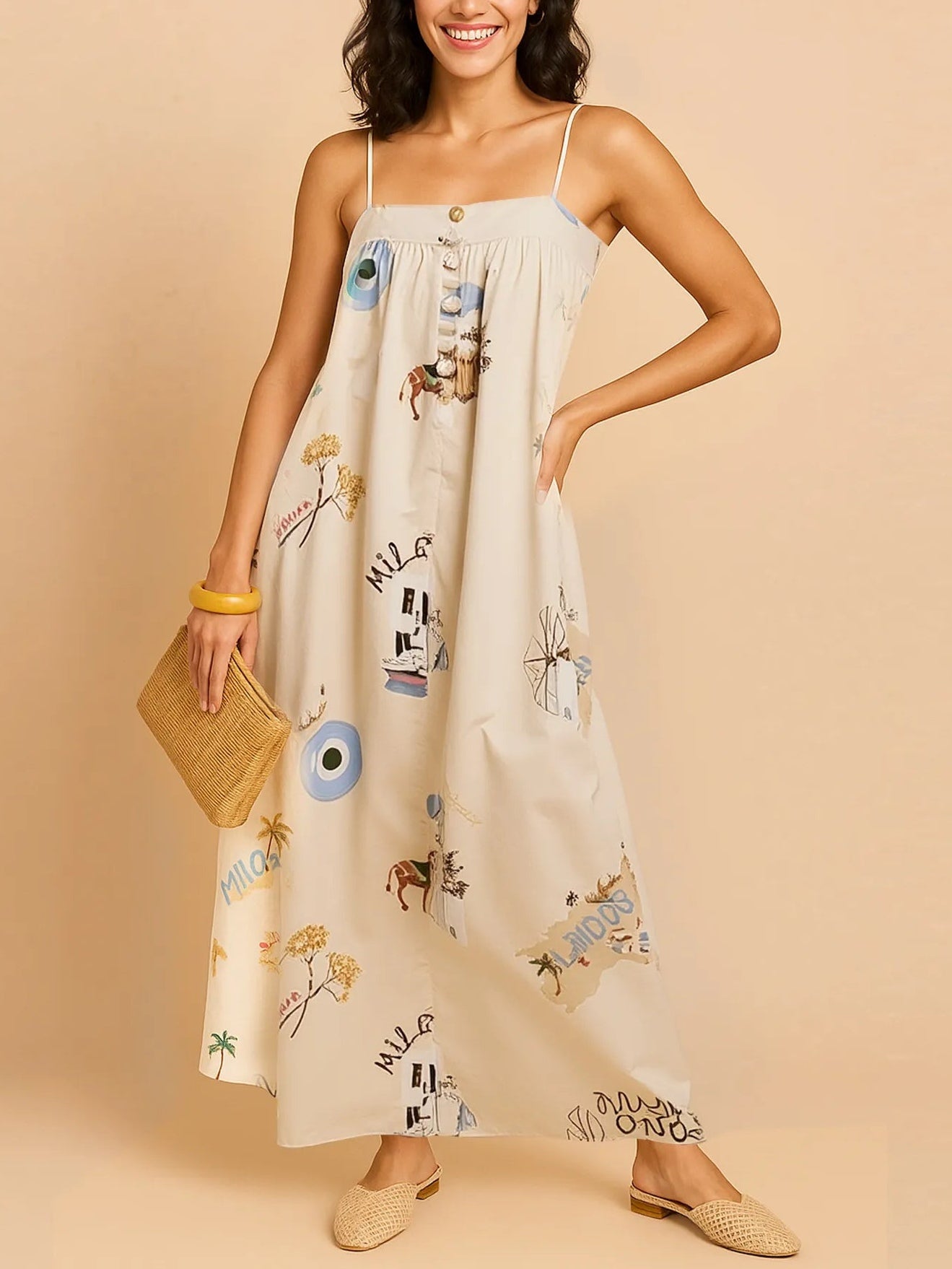 Elegant Printed Sleeveless Maxi Dress with Square Neck