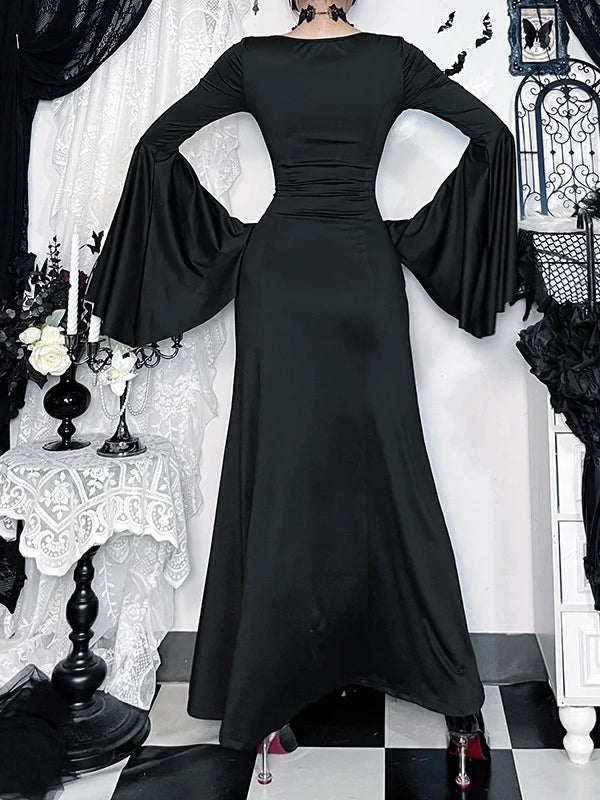 Gothic Lace-up Mermaid Long Dress with Bell Sleeves