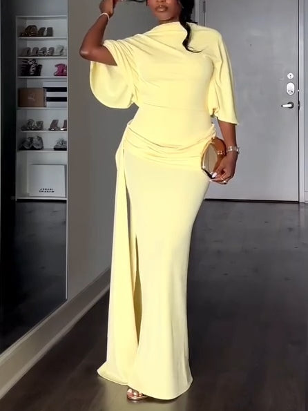 Elegant Yellow Maxi Dress with Cape and Backless Design
