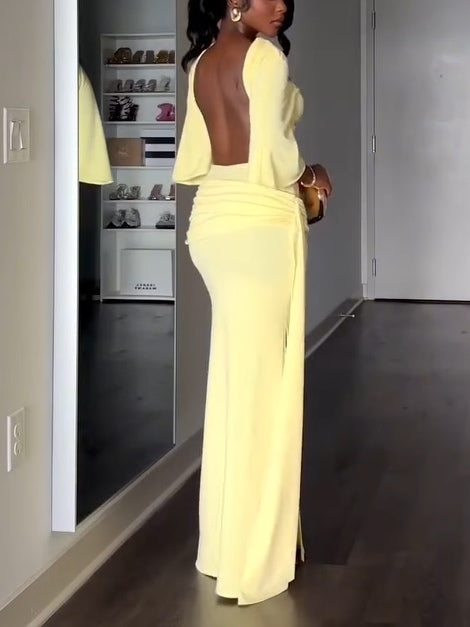 Elegant Yellow Maxi Dress with Cape and Backless Design