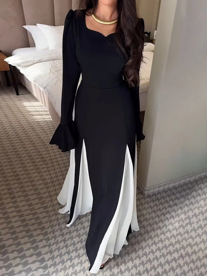 Elegant Black and White Flared Maxi Dress with Long Sleeves