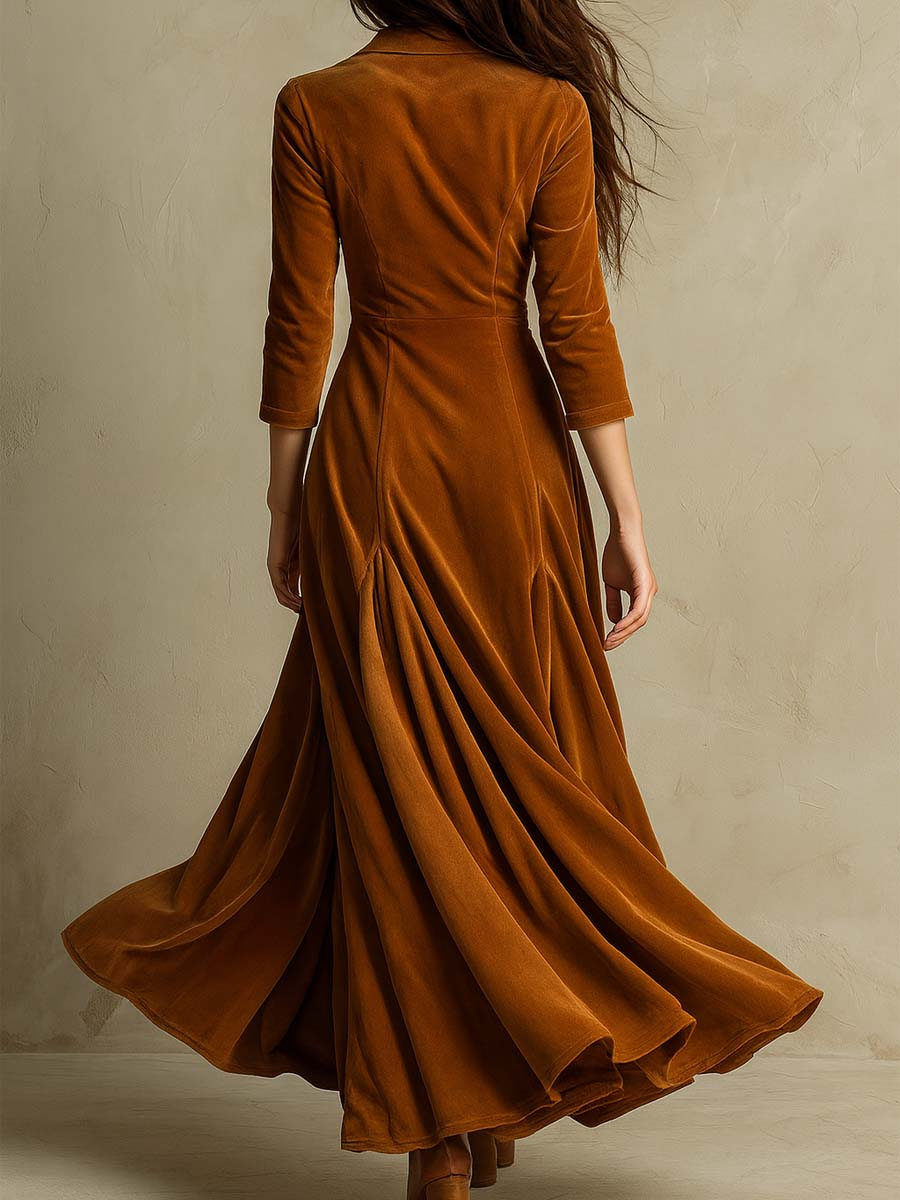Elegant Vintage Brown Velvet Long Dress with Sophisticated Collar