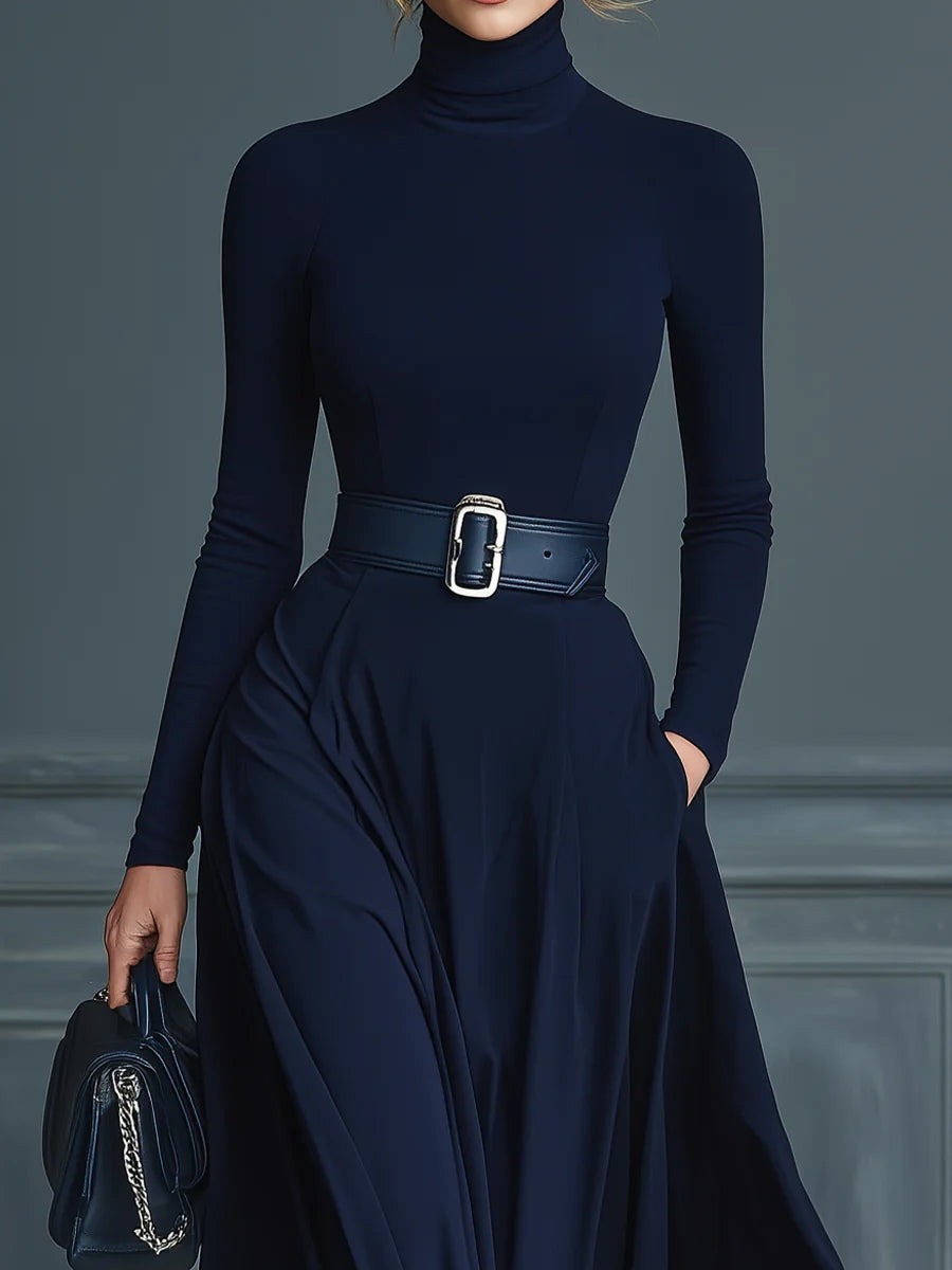 Chic Dark Blue Knit Dress with Stand Collar
