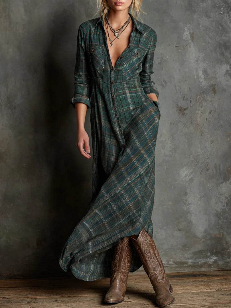 Elegant Green Plaid Lapel Single-Breasted Shirt Dress for a Chic and Sophisticated Look