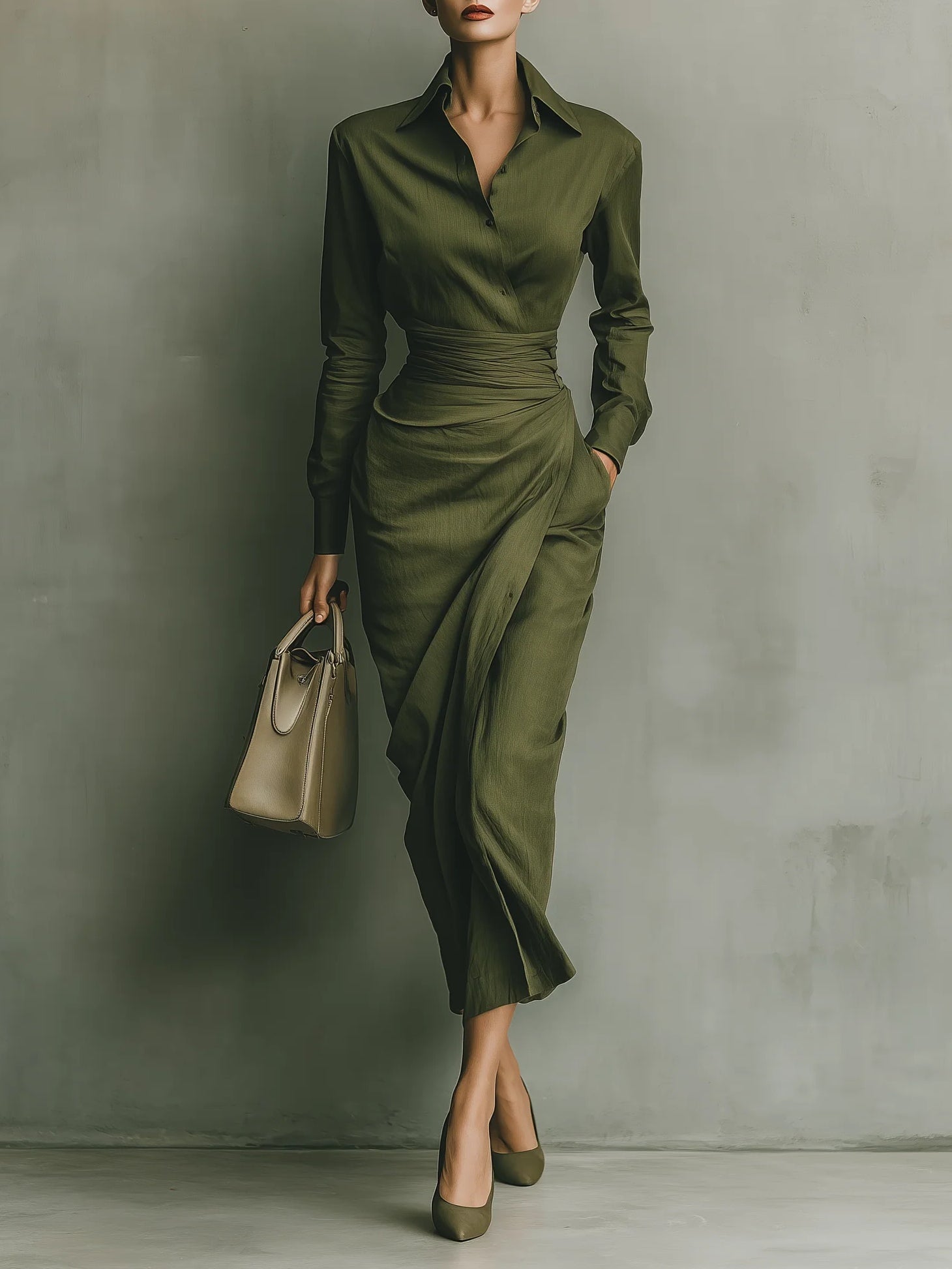 Army Green Mixed Polyester Maxi Dress for a Minimalist and Comfortable Style
