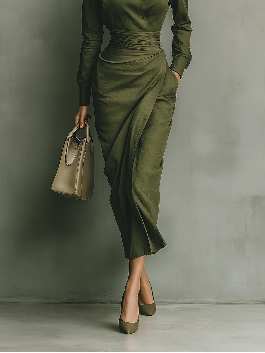 Army Green Mixed Polyester Maxi Dress for a Minimalist and Comfortable Style