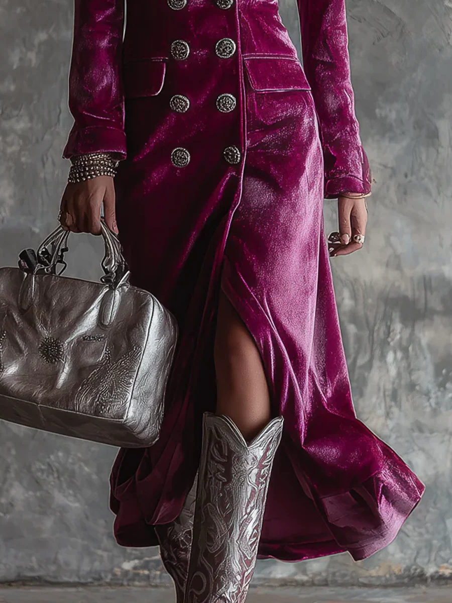 Elegant long maxi velvet dress in purple