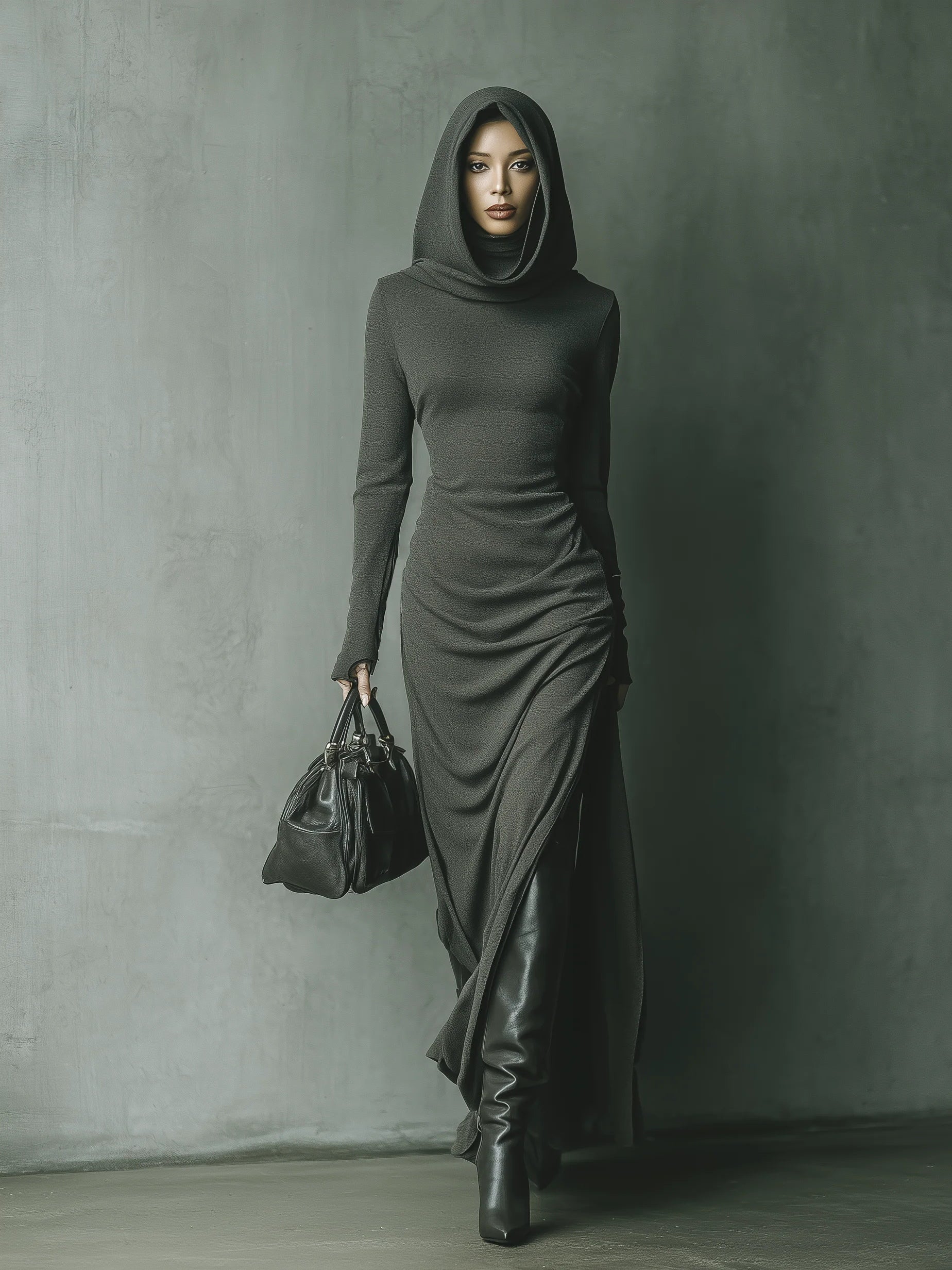 Dark Gray Hooded Long Maxi Knit Dress with High Elasticity