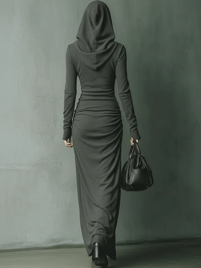 Dark Gray Hooded Long Maxi Knit Dress with High Elasticity