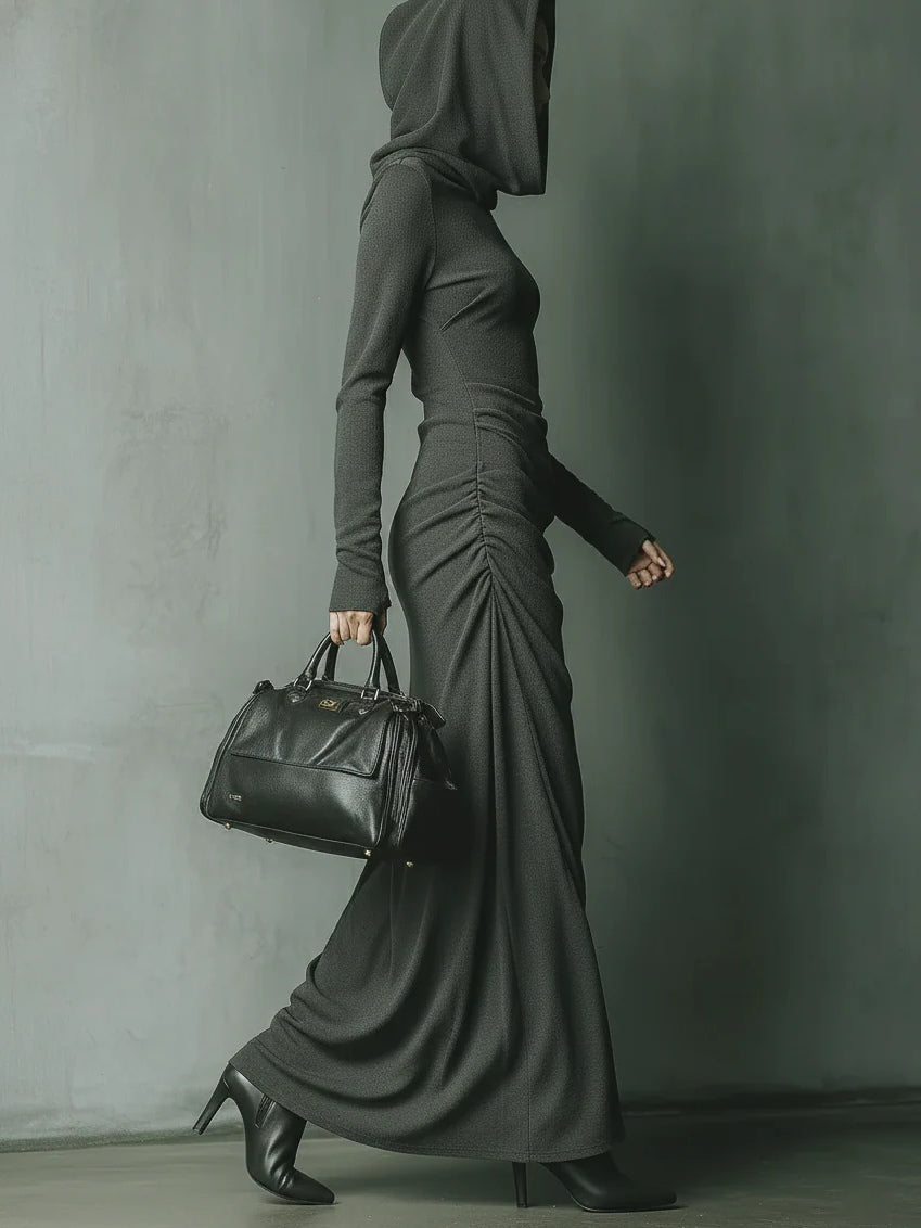 Dark Gray Hooded Long Maxi Knit Dress with High Elasticity
