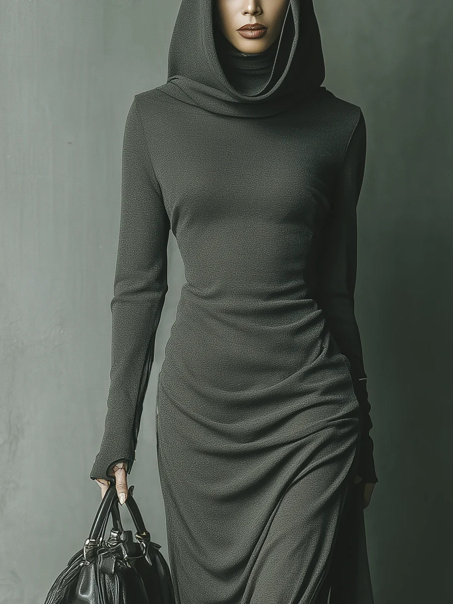 Dark Gray Hooded Long Maxi Knit Dress with High Elasticity