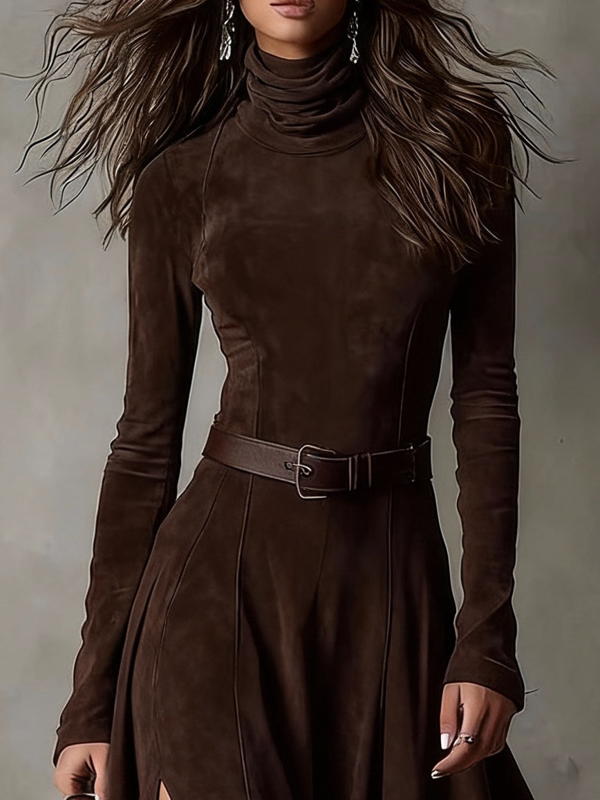 Elegant Dark Brown Faux Leather Turtleneck Maxi Dress with Long Sleeves and Slit (including belt)