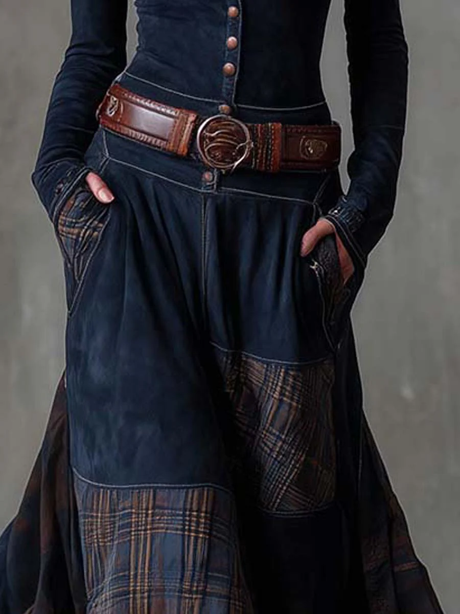 Vintage Maxi Suede Dress with Plaid Navy Pattern and Belt for an Elegant and Authentic Style