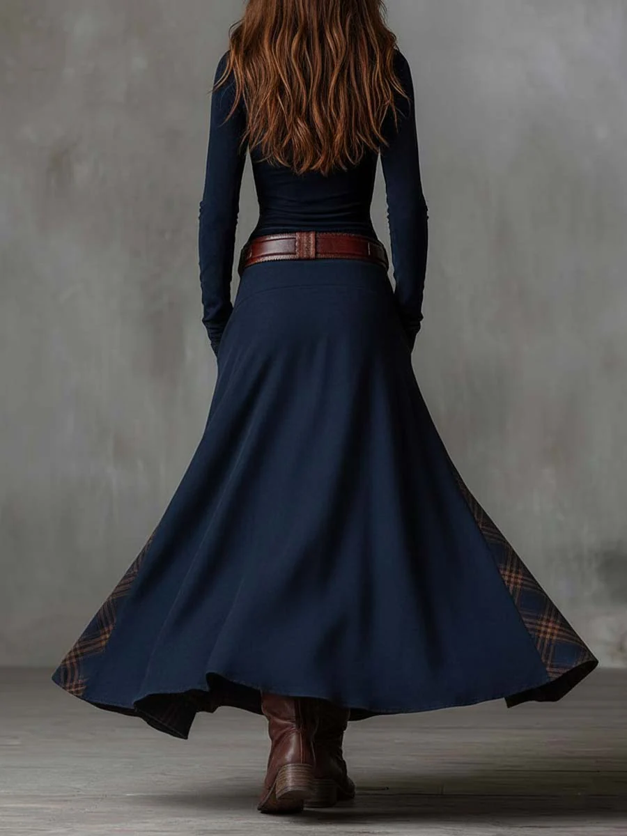 Vintage Maxi Suede Dress with Plaid Navy Pattern and Belt for an Elegant and Authentic Style