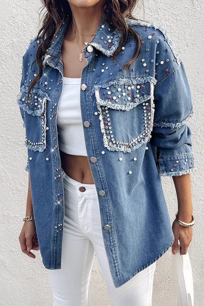 Long-sleeve denim coat with contrasting pearl details