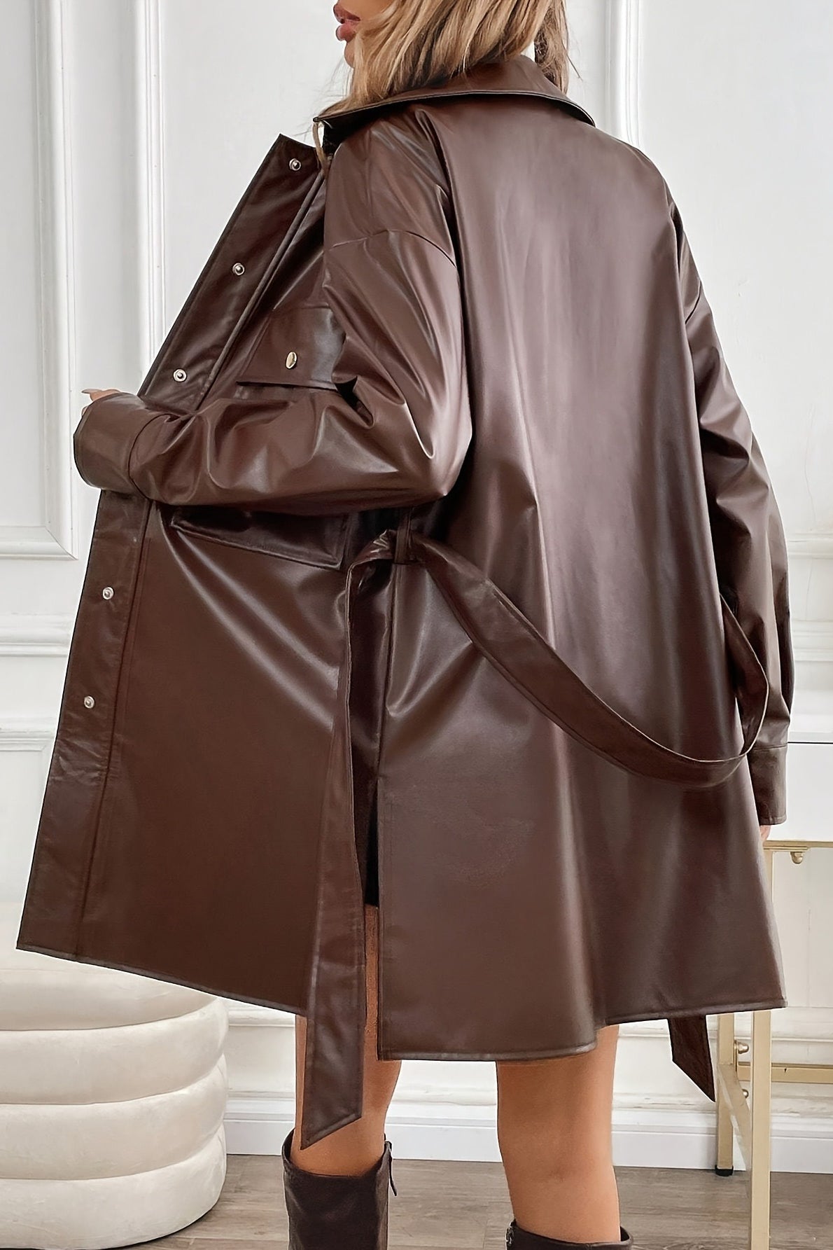 Midi-length waterproof coat with belt and windproof trim