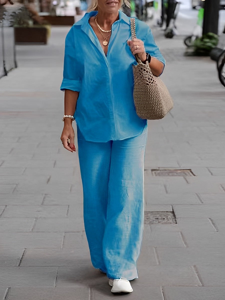 Two-Piece Set with Shirt and Long Sleeve Top and Elegant Pants