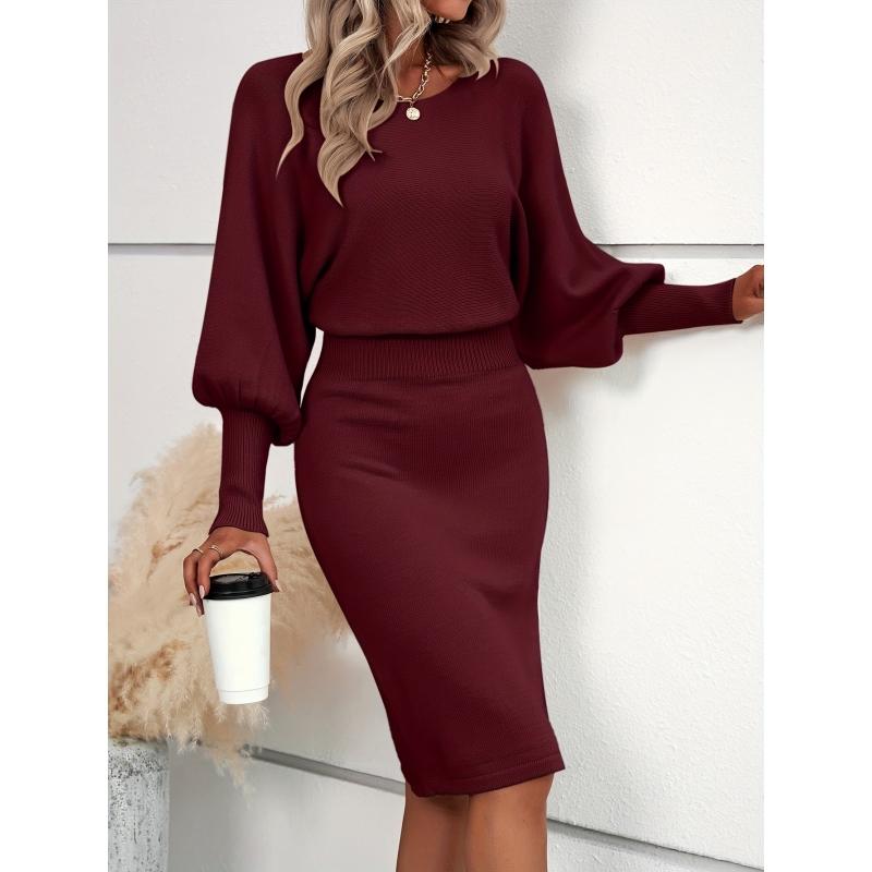 Chic Waist-Defining Sweater Dress with Dramatic Lantern Sleeves