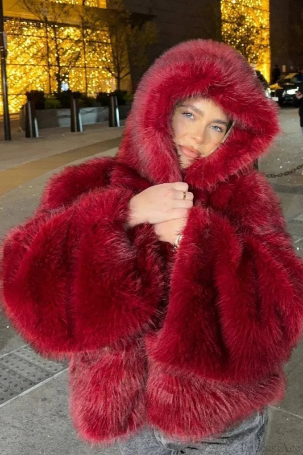 Elegant Angora Red Faux Fox Fur Cropped Hooded Coat for a Stylish Look