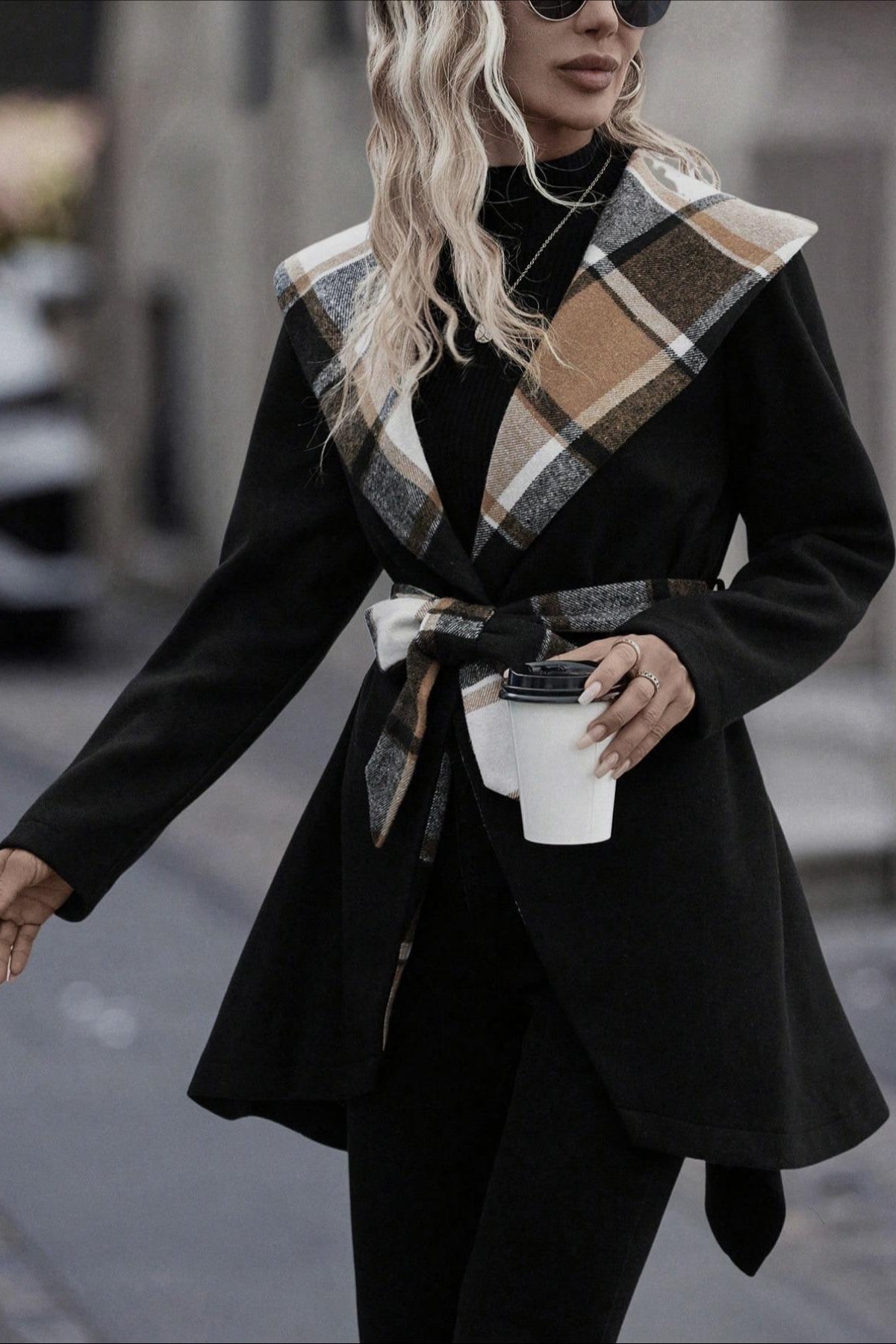 Patchwork Plaid Wool Coat with Belt, Classic Elegance and Guaranteed Warmth