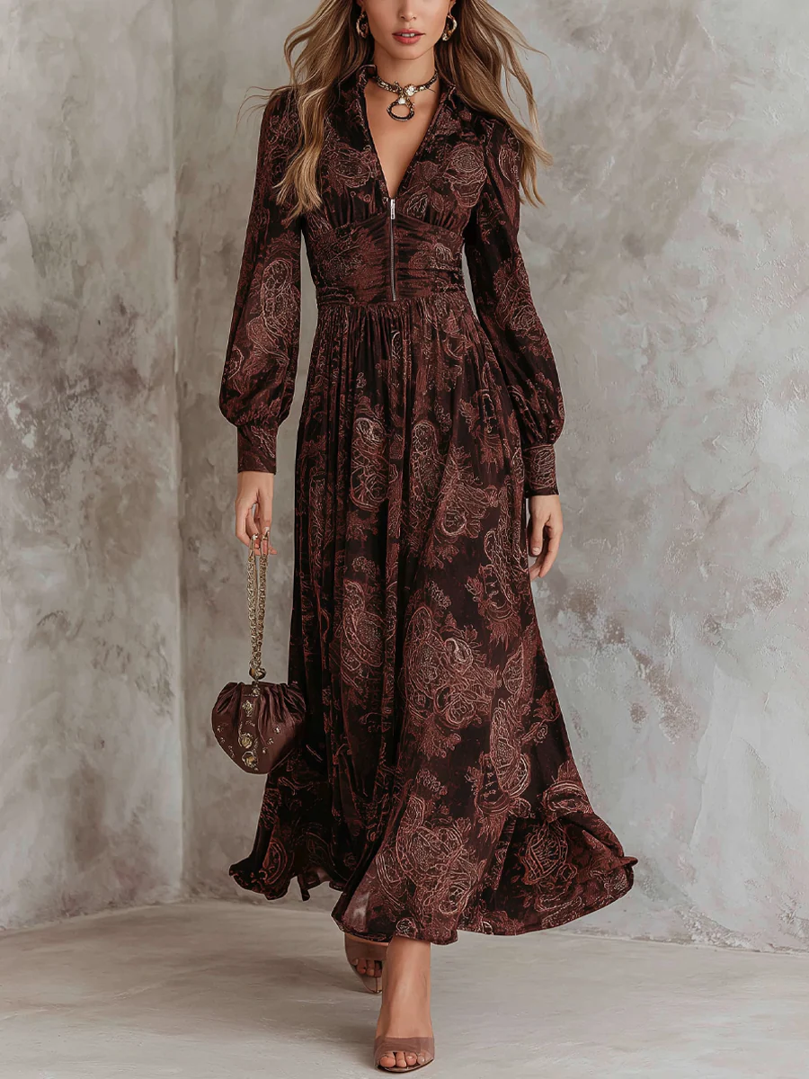 Brown Maxi Dress with Zip Waist and Paisley Pattern
