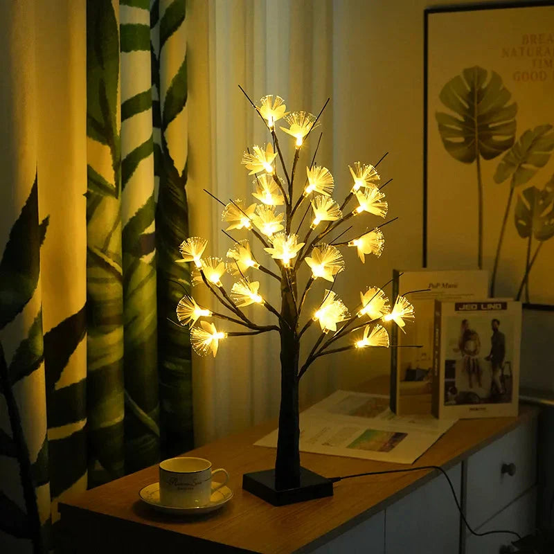 Elegant White Birch Fiber Optic Flower with LED Light for Enchanting Decorations