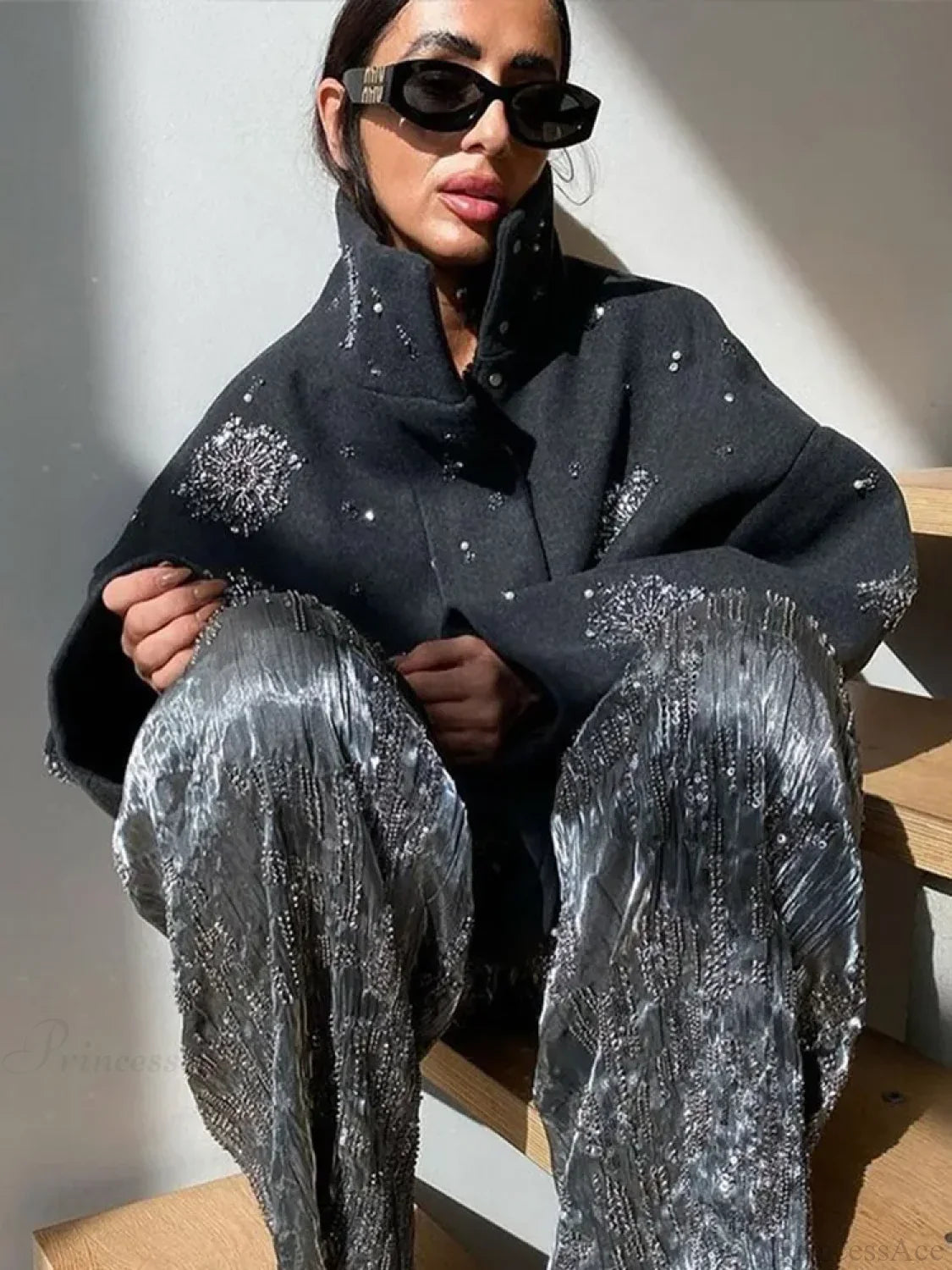 Oversized collar coat with floral embroidery in beads and sequins