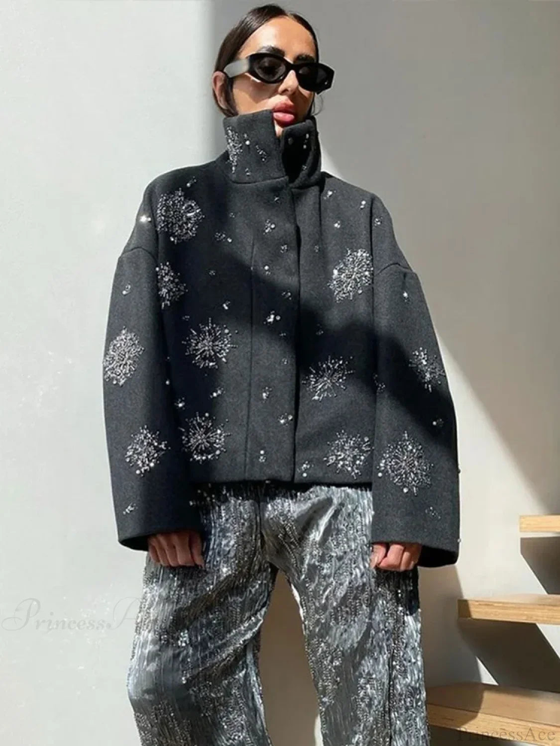 Oversized collar coat with floral embroidery in beads and sequins