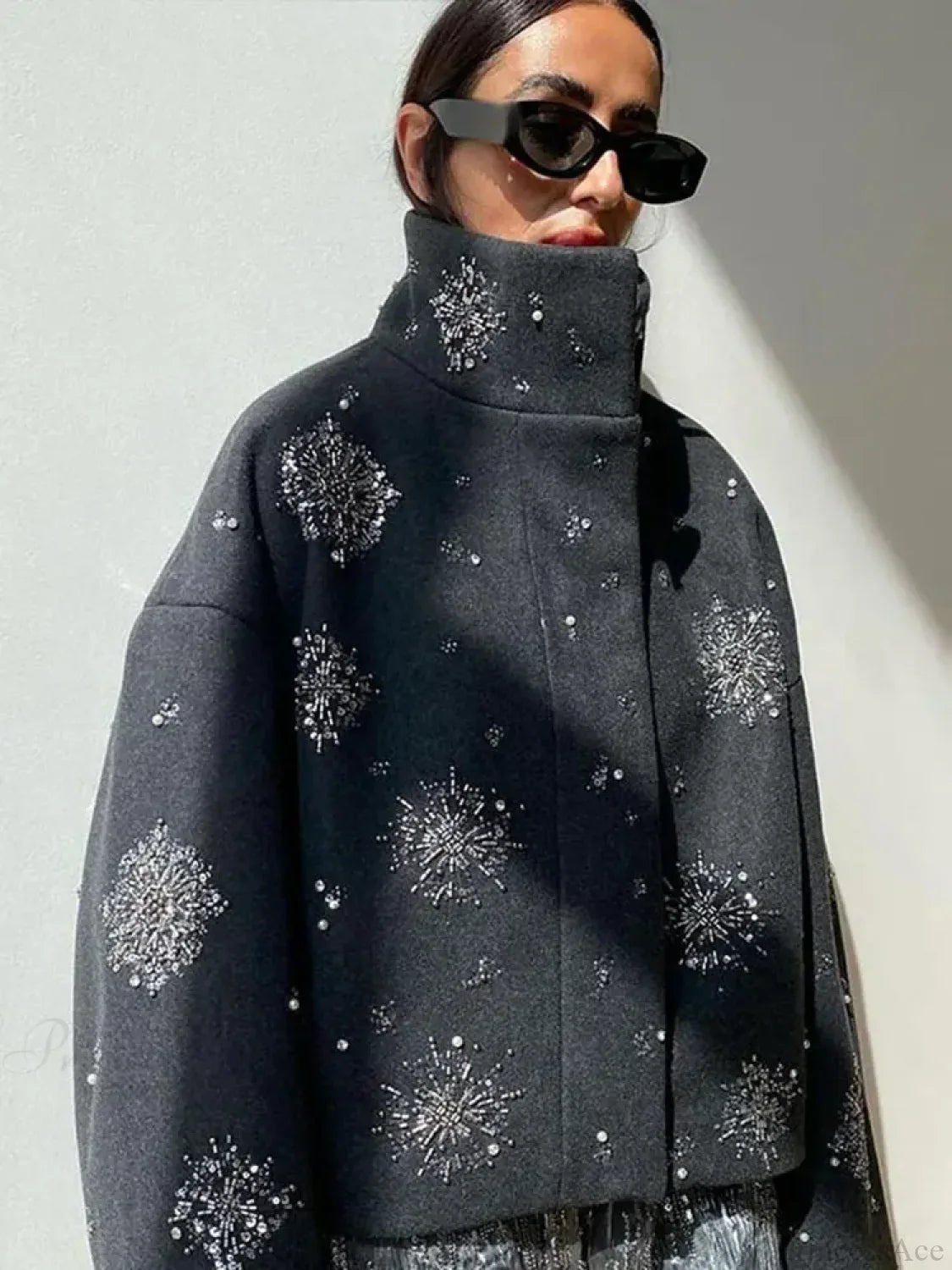Oversized collar coat with floral embroidery in beads and sequins