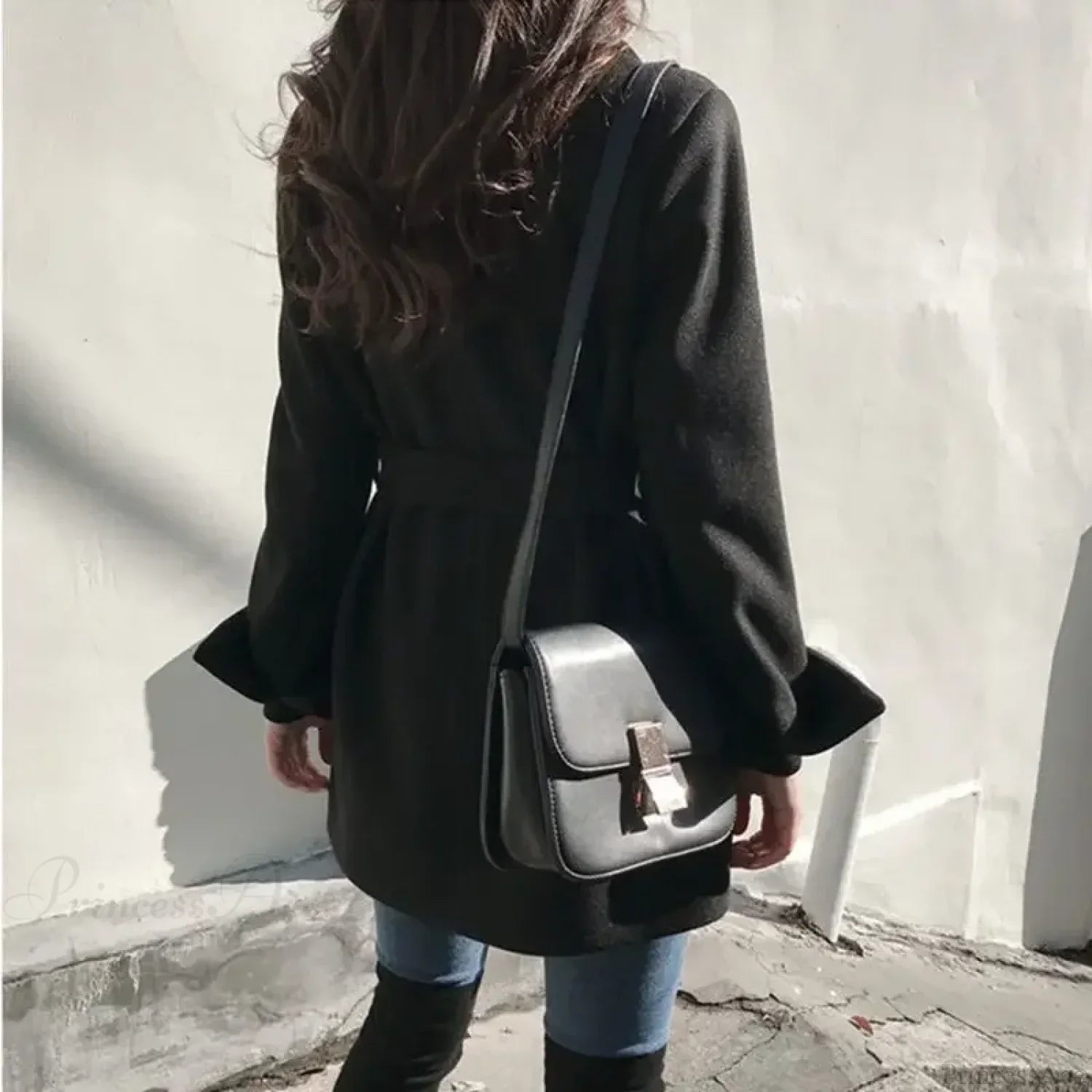 Elegant Black Wool Coat with Lacing and Lace Design