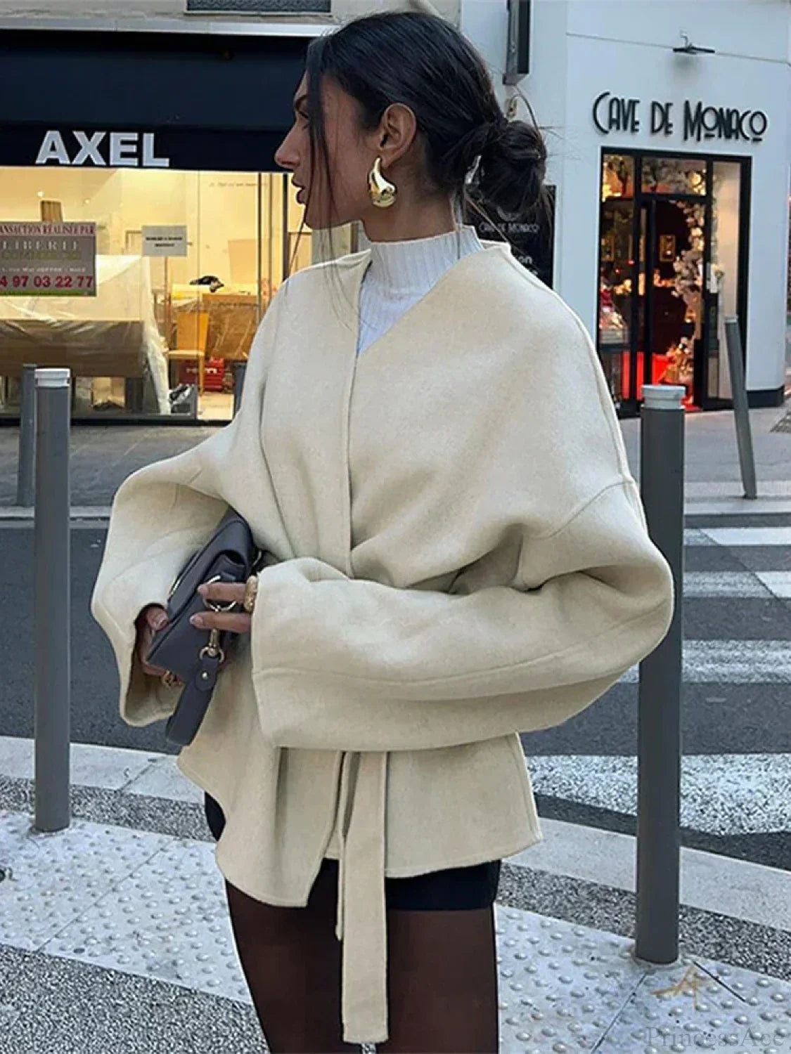 Elegant Bow Tie Lace-Up V-Neck Belted Overcoat for a Chic and Sophisticated Look