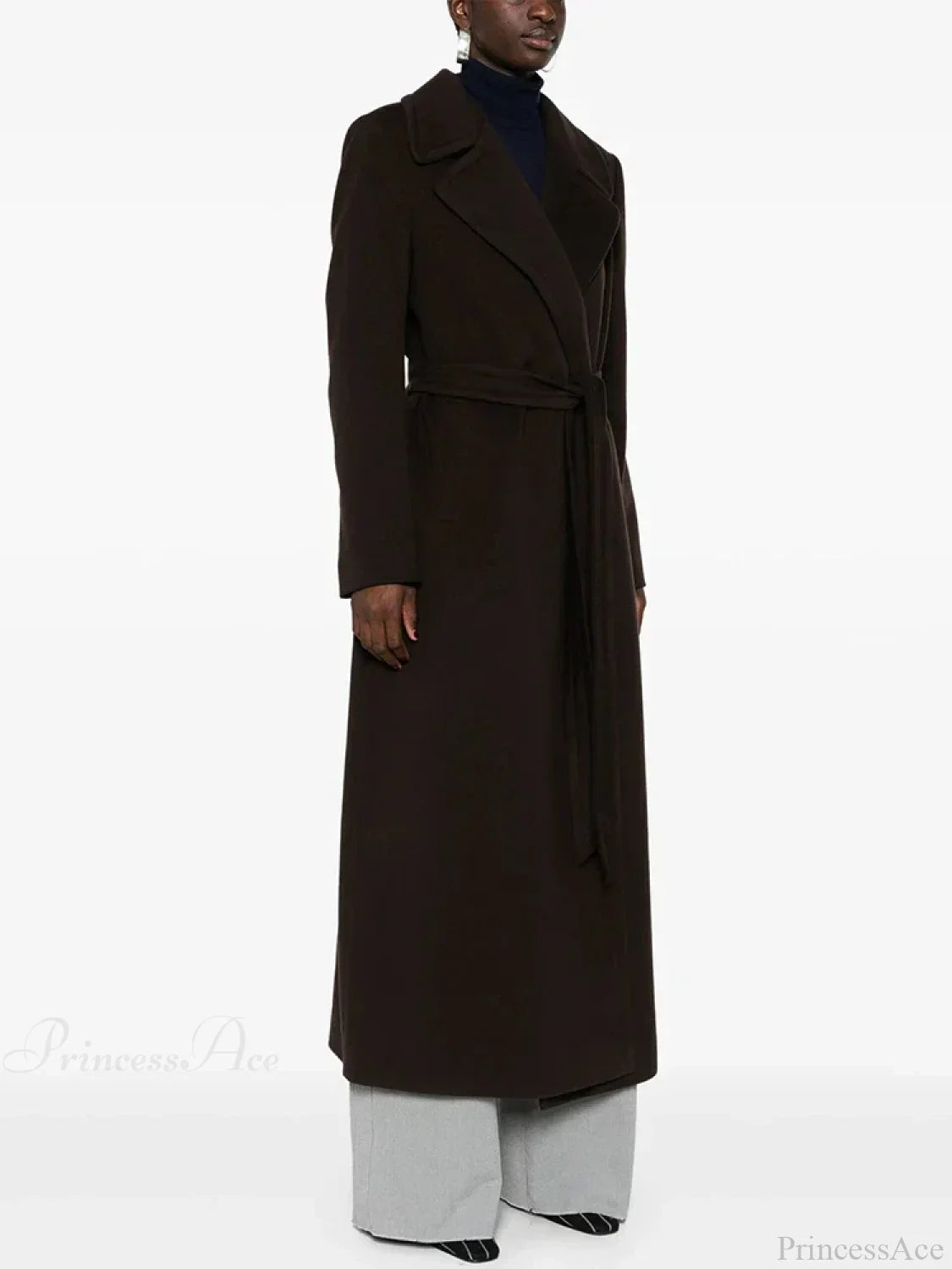 Elegant Long Wool Coat in Brown with Lapels Slim-fit