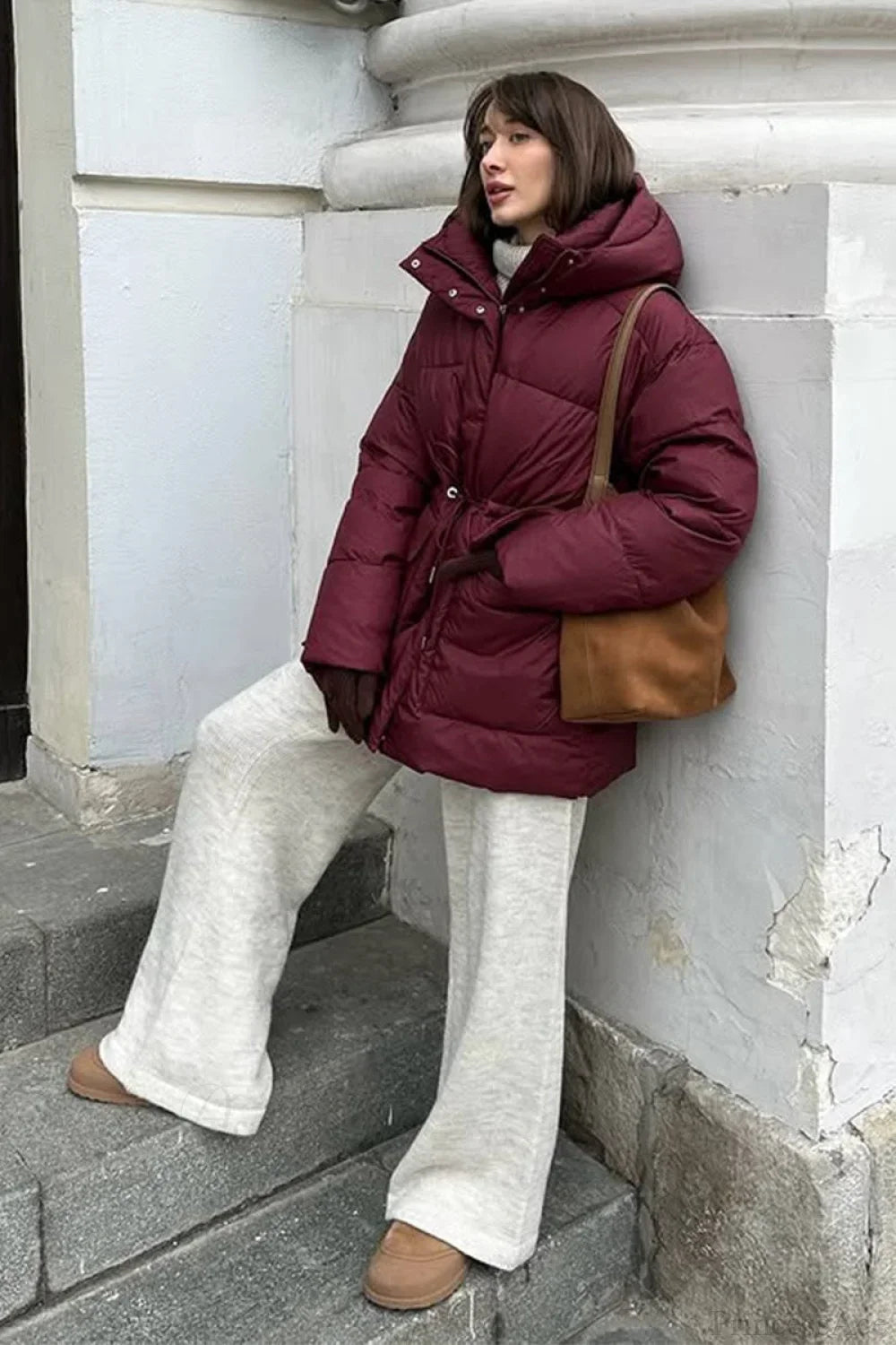 Burgundy Cotton Hoodie Jacket with Tie Belt and Elegant Zipper