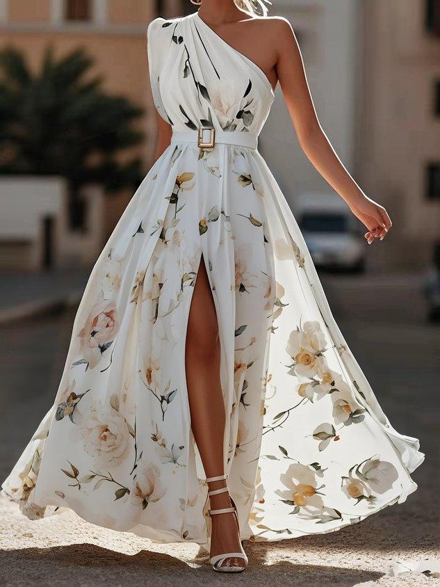 Elegant Light Green Floral One-Shoulder Ruched A-Line Maxi Dress in Chiffon