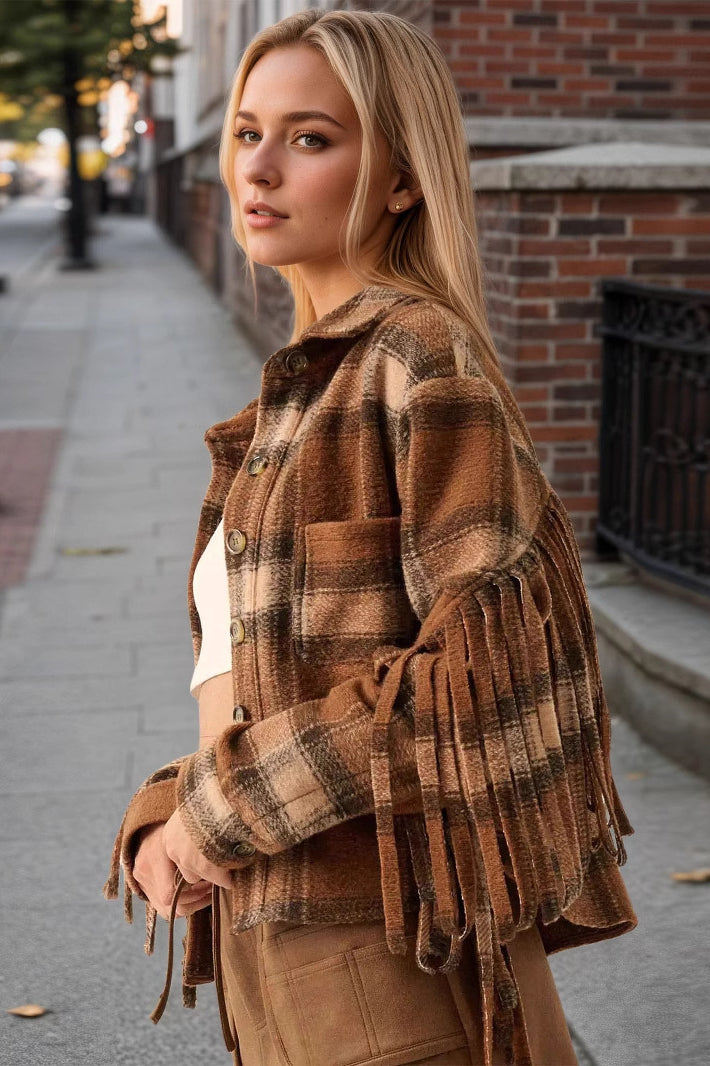 Plaid Fringed Wool Crop Jacket with Chic Elegance and Comfort