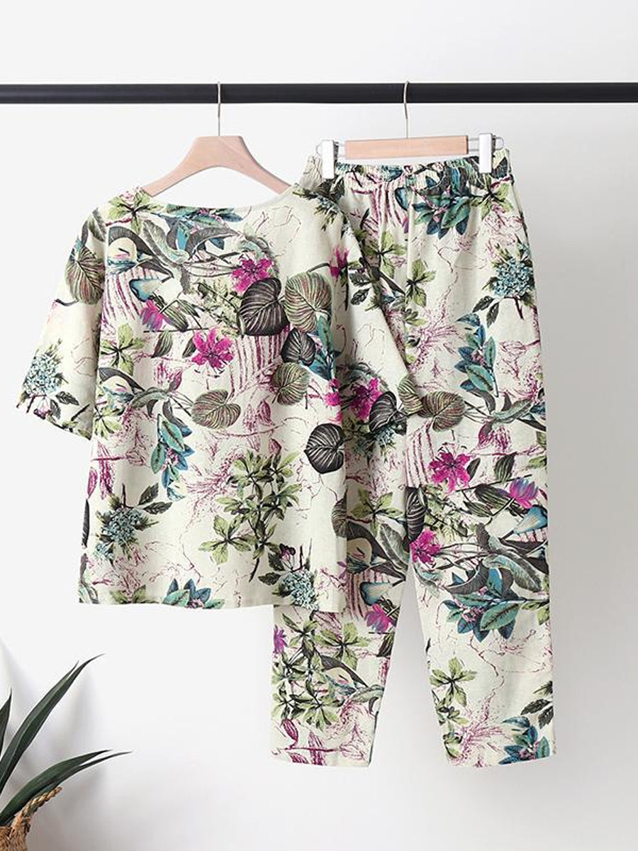 Two-Piece Floral Print Set with Round Neck