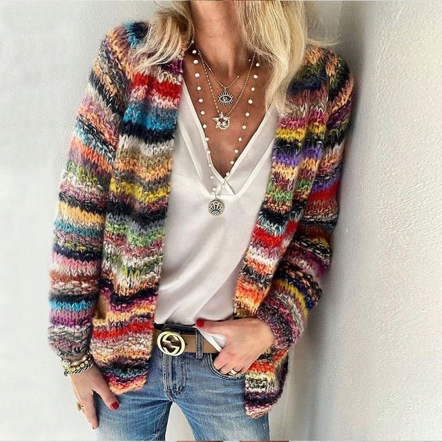 Women's Vibrant Multicolor Knit Cardigan for a Bold Statement Look