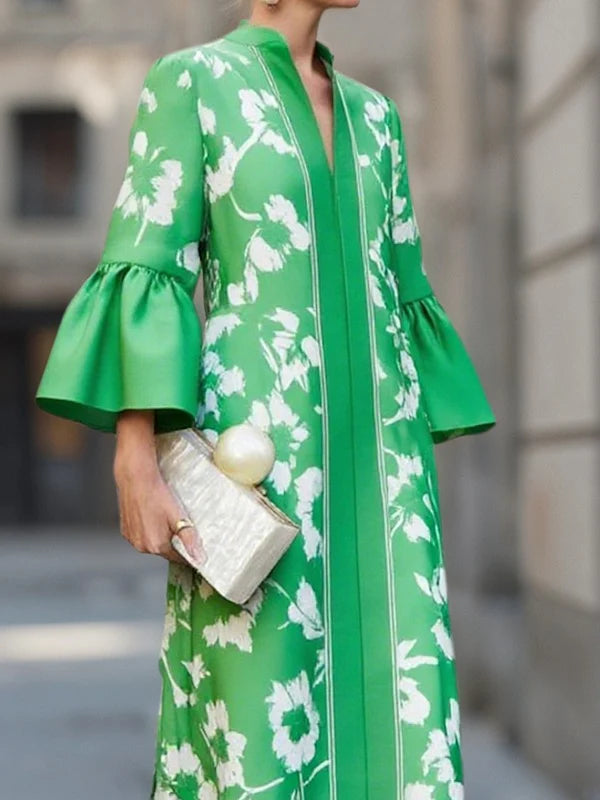 Flowy Maxi Dress with Bell Sleeves and Floral Pattern with Elegant Side Slit