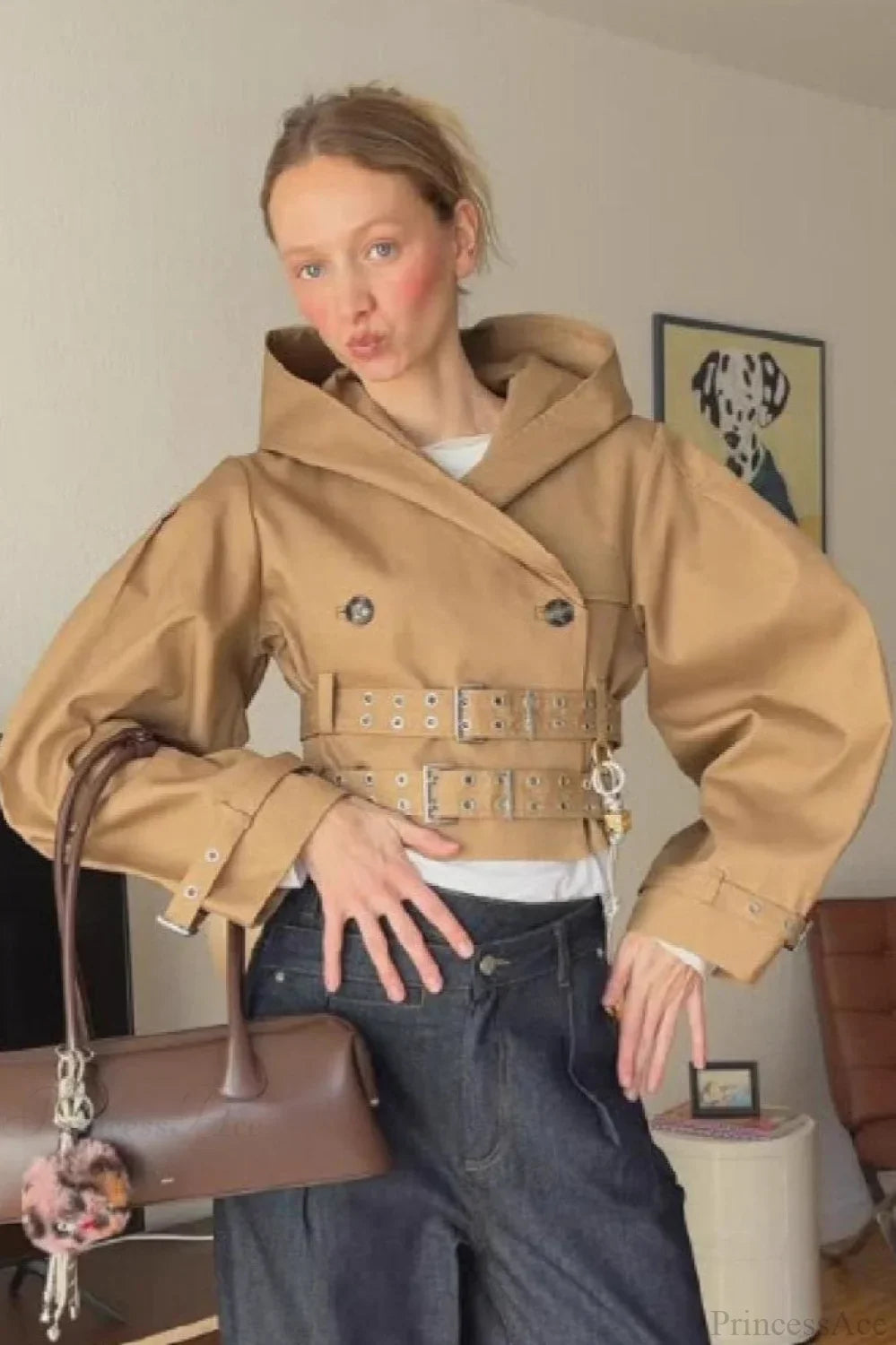 Elegant Short Hoodie Coat with Double Belt