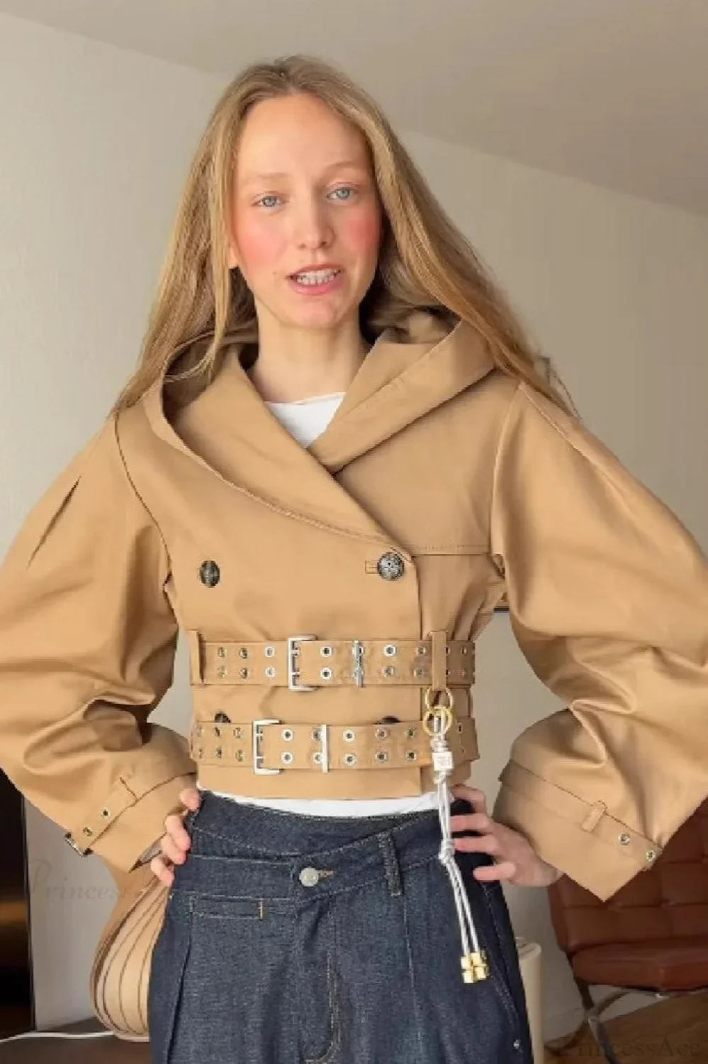 Elegant Short Hoodie Coat with Double Belt