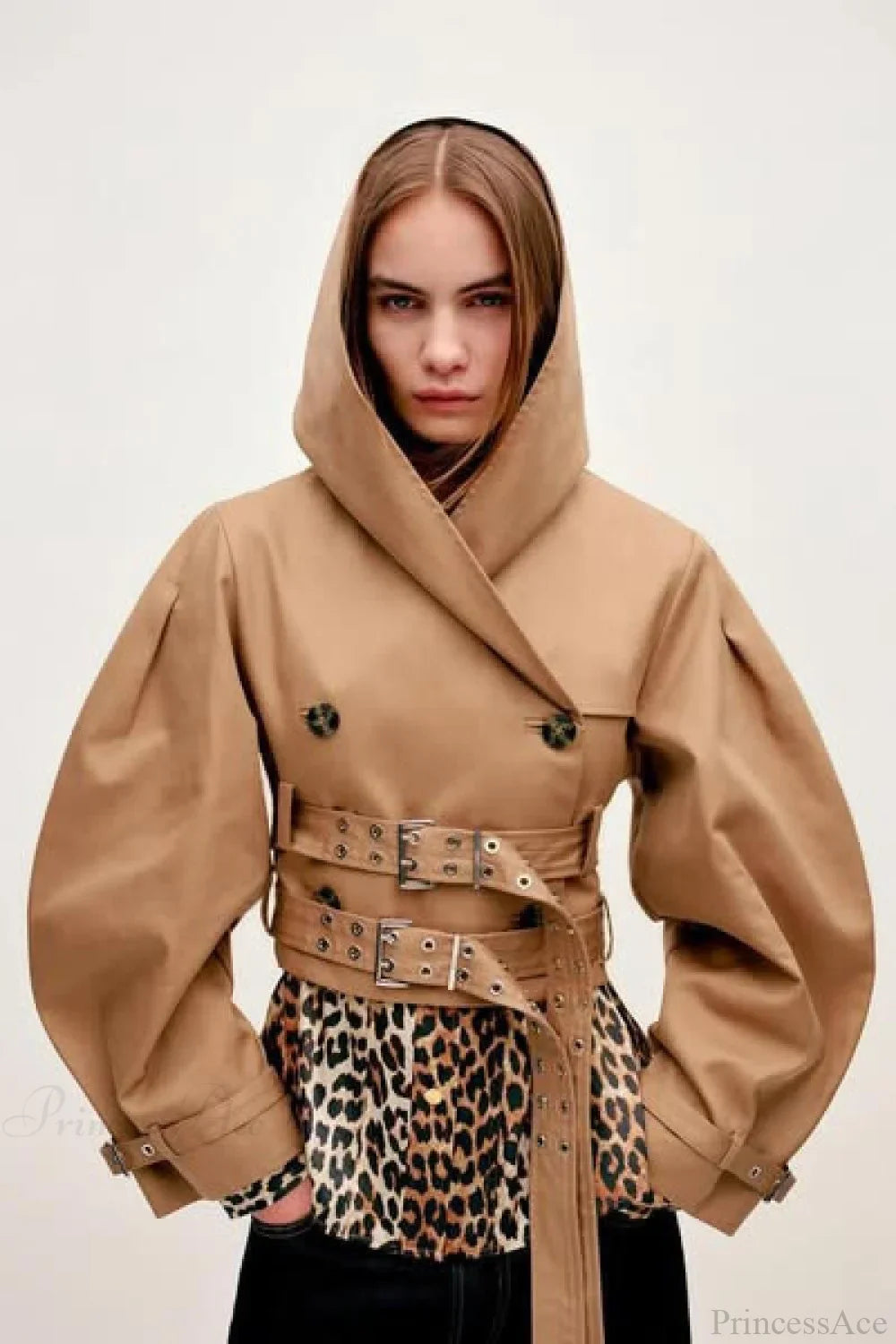 Elegant Short Hoodie Coat with Double Belt